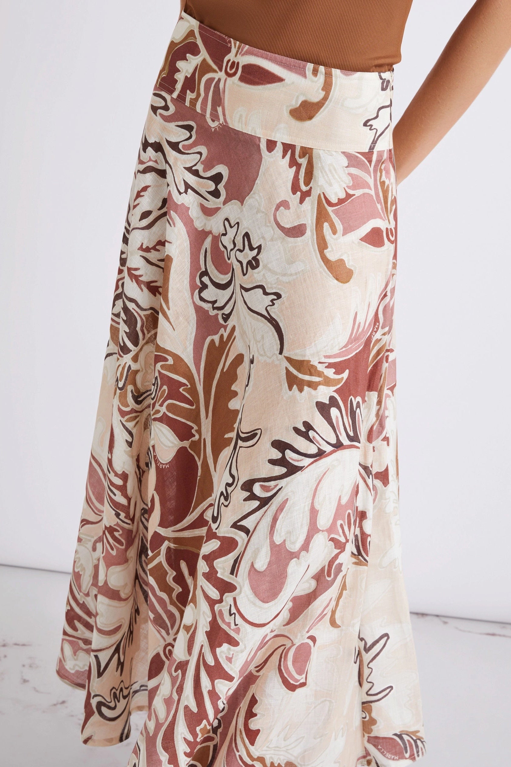 Marella Ospite Linen Printed Midi Skirt