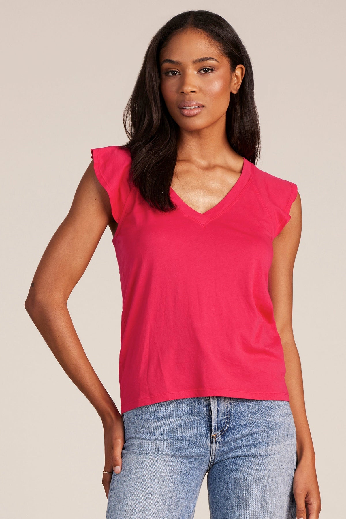 Bobi Cotton Flutter Sleeve V-Neck Tee