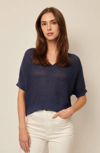 Line Piper Knit Short Sleeve V-Neck Sweater in Current