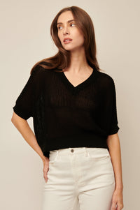 Line Piper Knit Short Sleeve V-Neck Sweater in Caviar