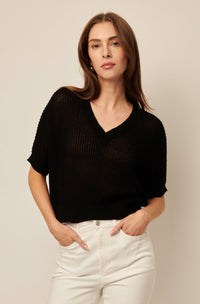 Line Piper Knit Short Sleeve V-Neck Sweater in Caviar