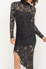 Black lace dress with long sleeves on a white background