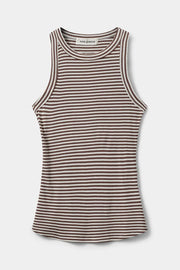Woman wearing a brown and white striped sleeveless tank top with a fitted silhouette, front