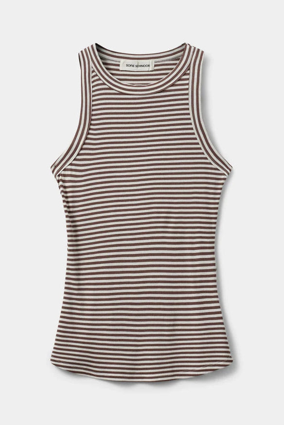 Woman wearing a brown and white striped sleeveless tank top with a fitted silhouette, front