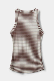 Woman wearing a brown and white striped sleeveless tank top with a fitted silhouette, back