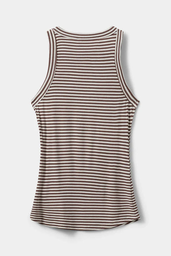 Woman wearing a brown and white striped sleeveless tank top with a fitted silhouette, back