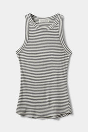 Woman wearing a grey and white striped sleeveless tank top with a fitted silhouette, front