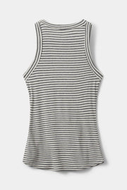 Woman wearing a grey and white striped sleeveless tank top with a fitted silhouette, back