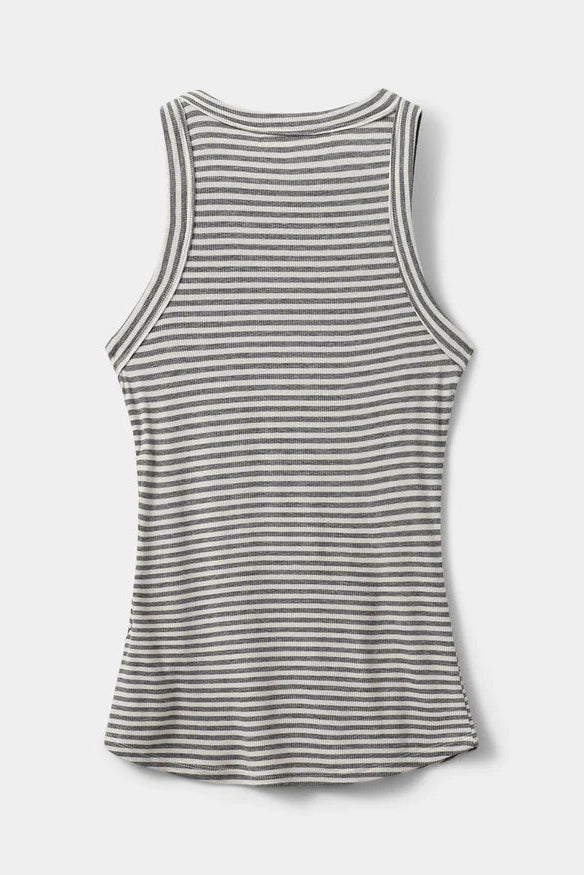Woman wearing a grey and white striped sleeveless tank top with a fitted silhouette, back
