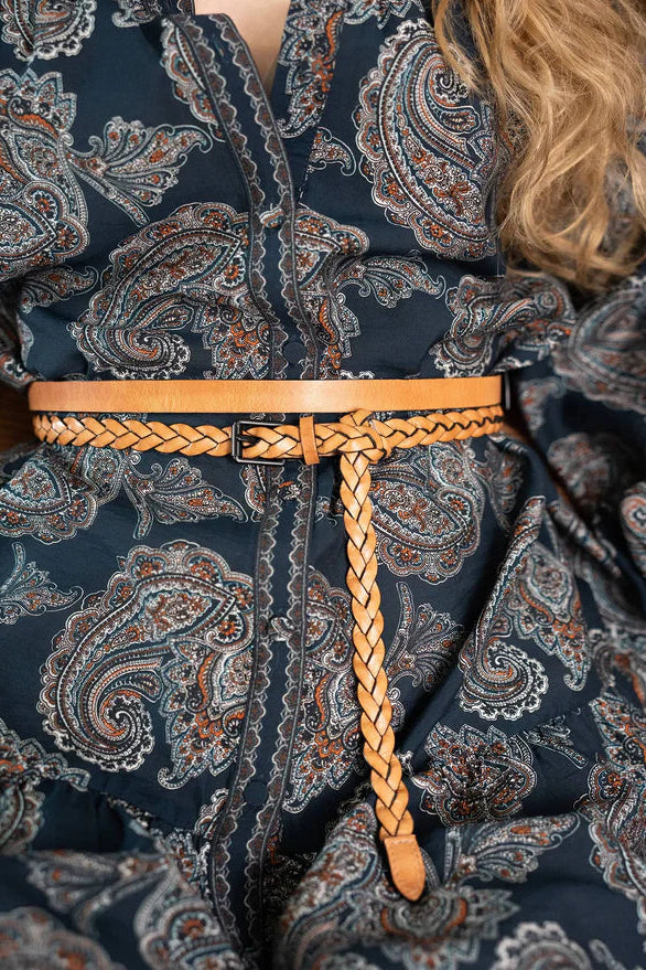 women's skinny leather belt , braided, square buckle