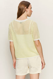 backview of light yellow open knit sweater