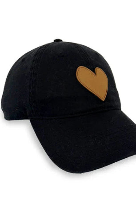 Black cap with a brown heart emblem on a white background