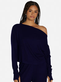 Michael Lauren Avicus Off The Shoulder Knit Top in Navy - Size L Available