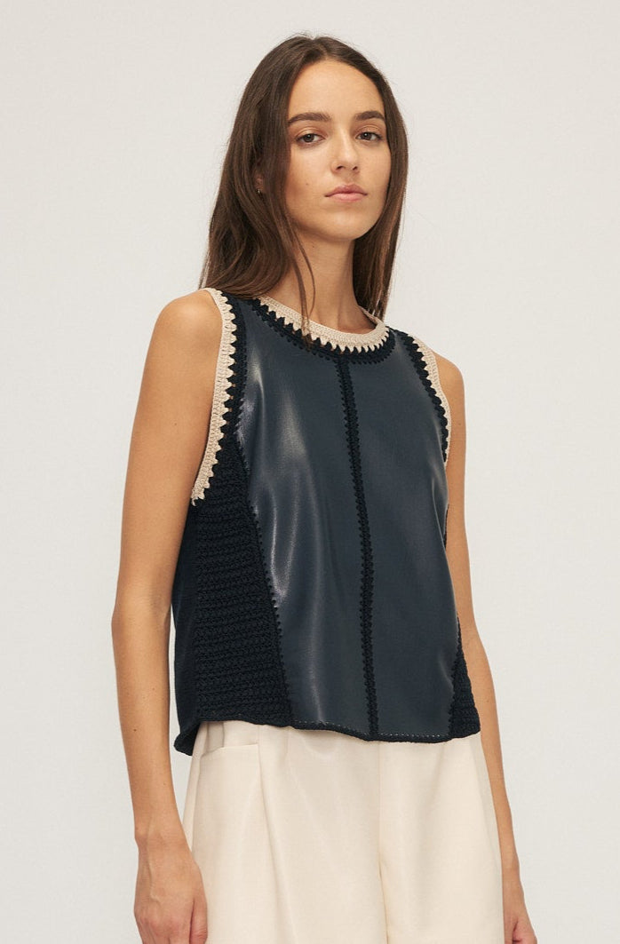 Melissa Nepton Naru Faux Leather Crochet Tank in Navy