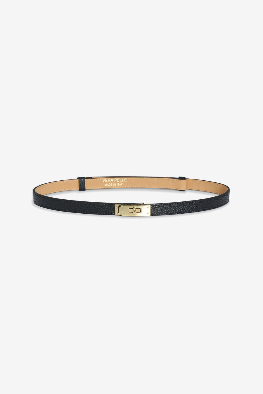 thin black leather belt, gold latch buckle 