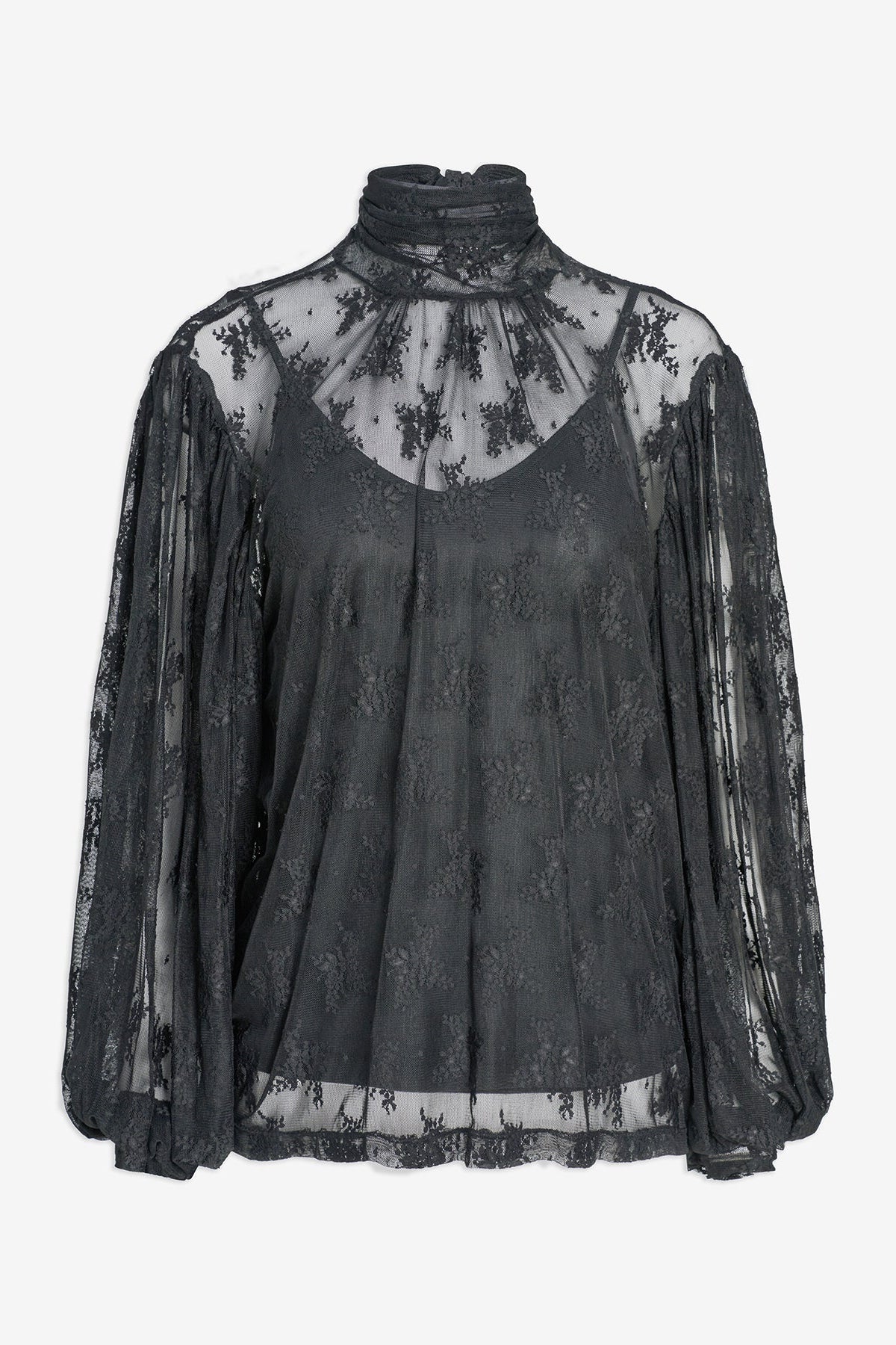 black tank top with high neck blouse with floral designs