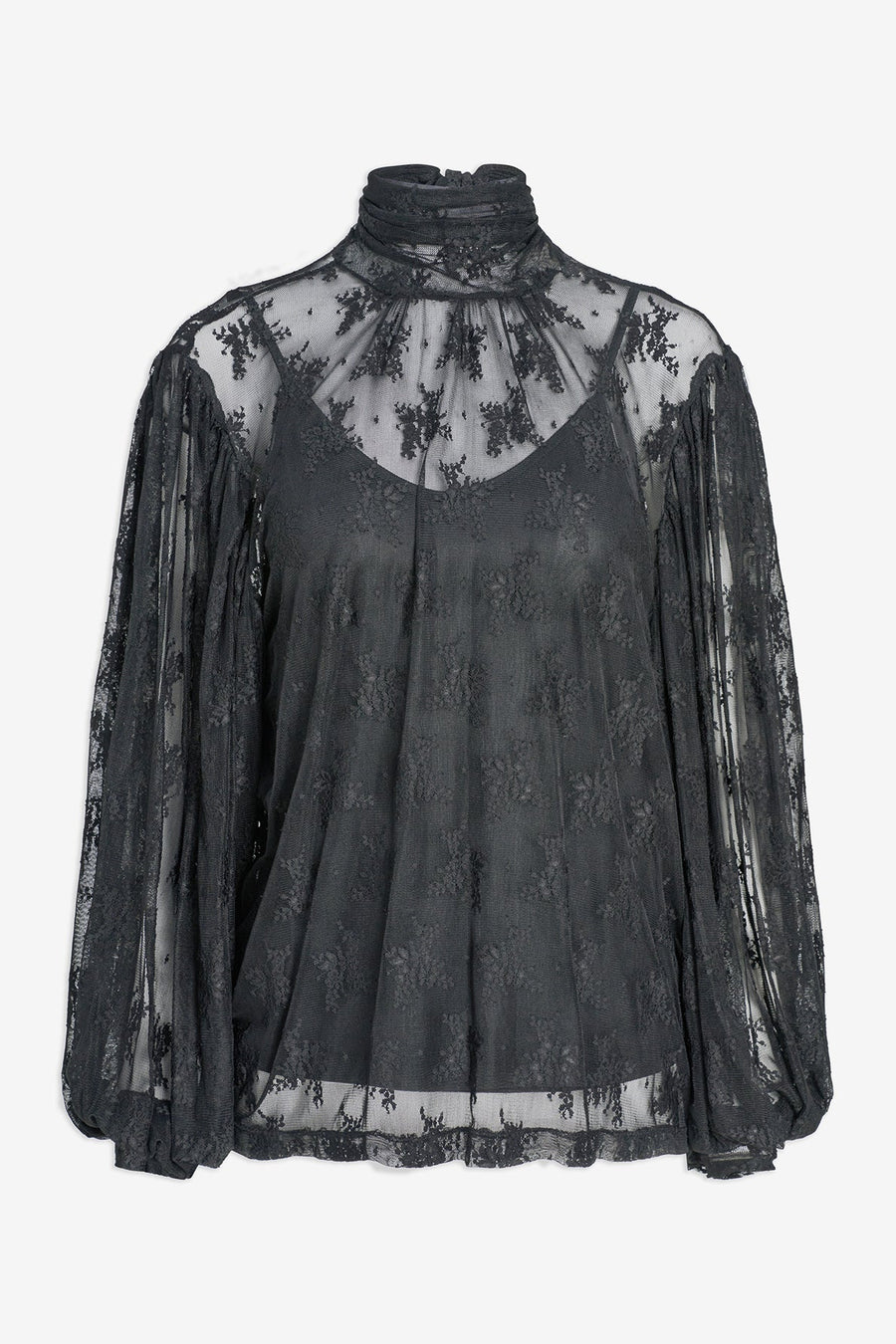 black tank top with high neck blouse with floral designs