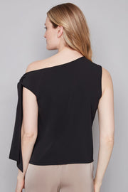 woman wearing a black off the shoulder bow top 