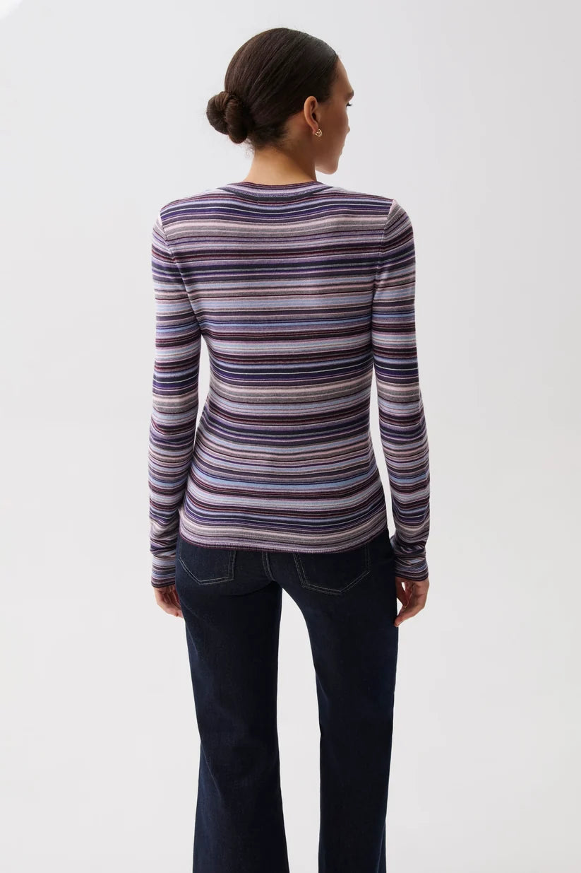 A woman modeling a long-sleeve crewneck knit top with horizontal stripes in purple, blue, pink, and beige, paired with dark jeans against a plain light gray studio background.