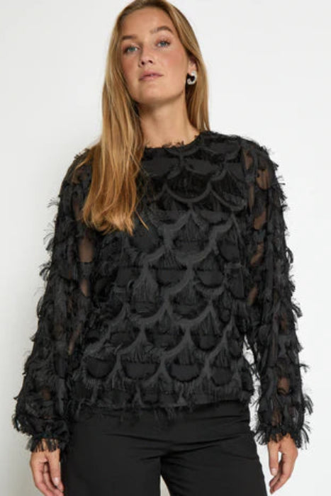 Woman wearing a black textured top 