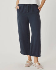 Navy blue cropped wide-leg pants with draw string 
