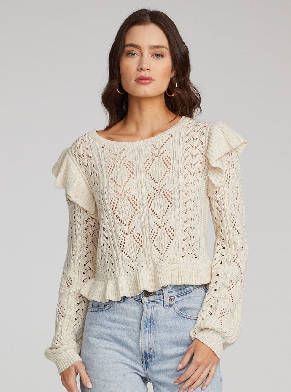 Saltwater Luxe Crochet Knit Sweater with Ruffles - Size S Available
