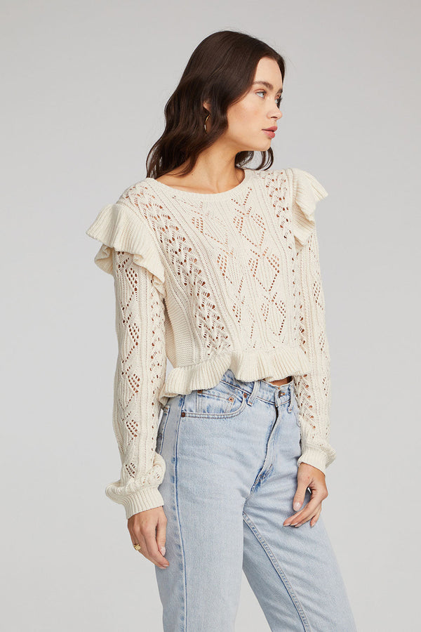 Saltwater Luxe Crochet Knit Sweater with Ruffles