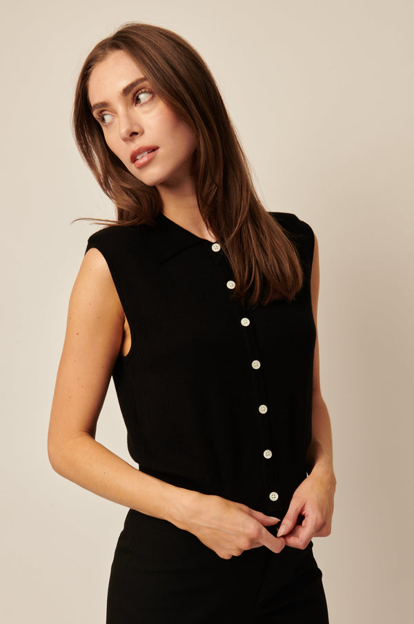 Line Shiloh Sleeveless Collared Knit Vest in Caviar