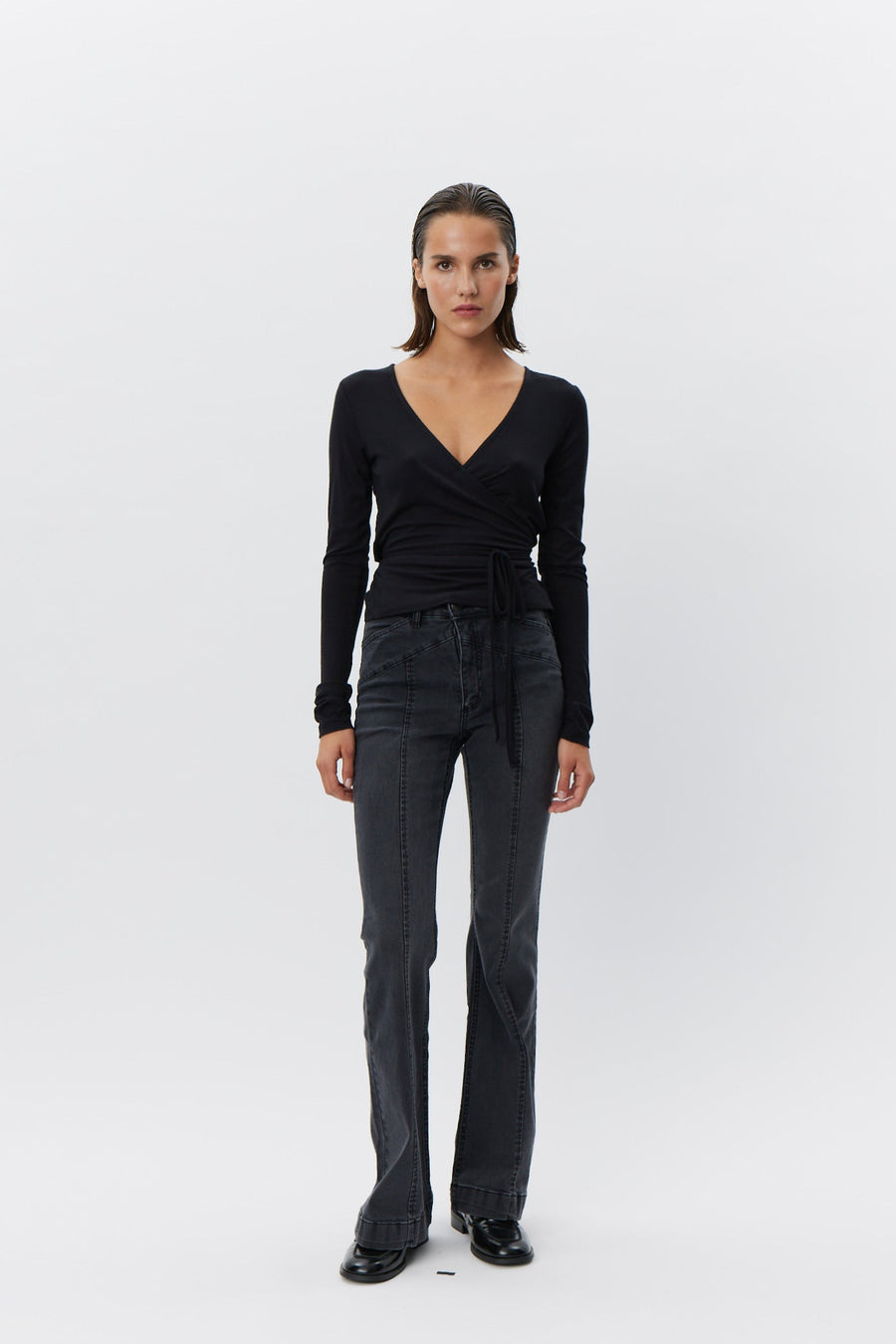 black v-neck wrap top 