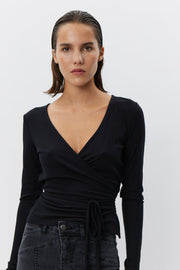 black v-neck wrap top 