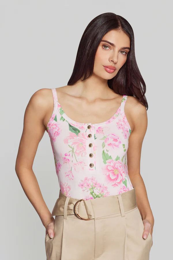 Floral print sleeveless tank top with thin straps, scoop neckline, and front button detail, front