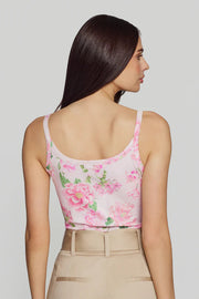 Floral print sleeveless tank top with thin straps, scoop neckline, and front button detail, back
