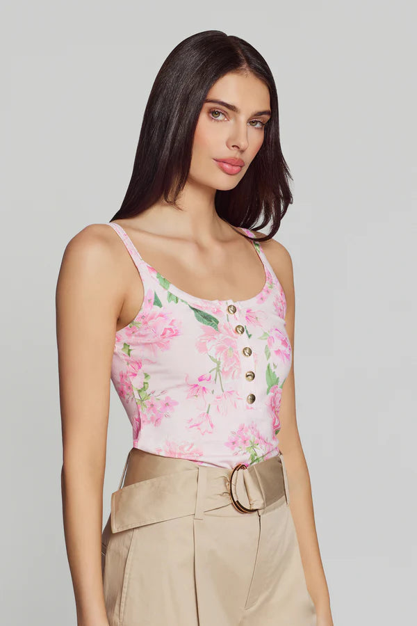 Floral print sleeveless tank top with thin straps, scoop neckline, and front button detail, side
