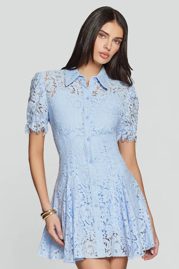 woman wearing a light blue short-sleeve lace mini dress with a collar and button-front design, front