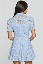 woman wearing a light blue short-sleeve lace mini dress with a collar and button-front design, back