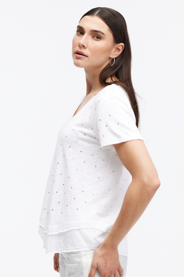 Chrldr Ava All Over Studs V-Neck Mock Layer T-Shirt