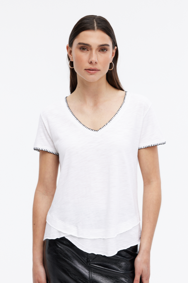 Chrldr Whipstitch Ava V-Neck Mock Layer T-Shirt