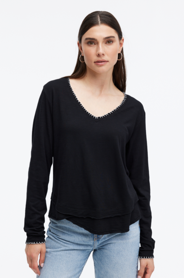 Chrldr Whipstitch Ava V-Neck Long Sleeve T-Shirt