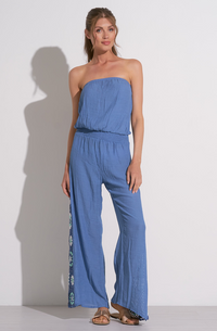 Elan Crochet Insert Strapless Jumpsuit in Blue