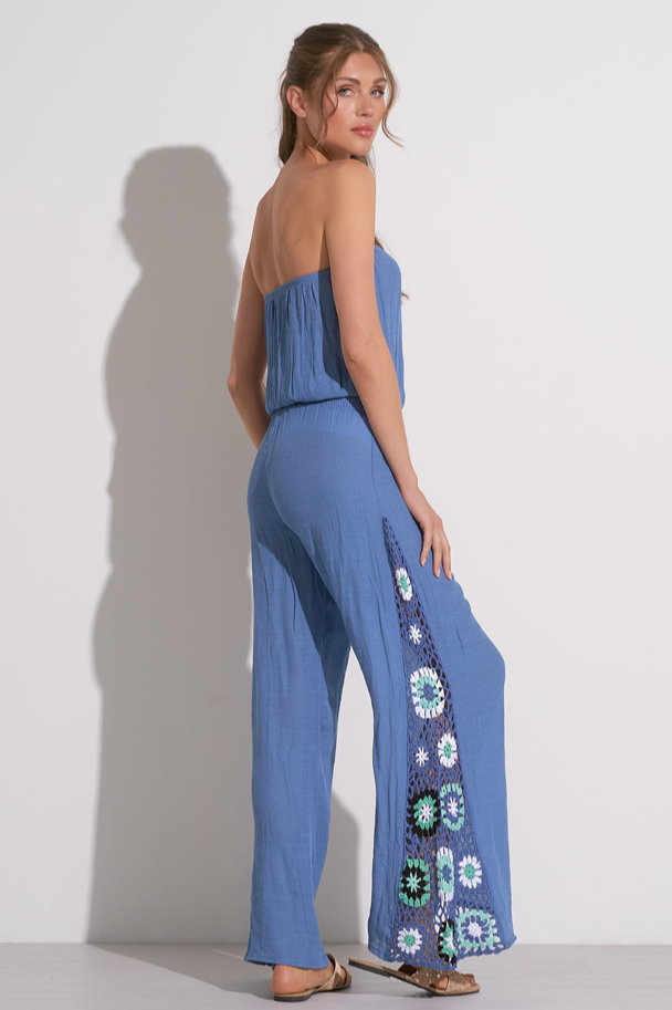 Elan Crochet Insert Strapless Jumpsuit in Blue