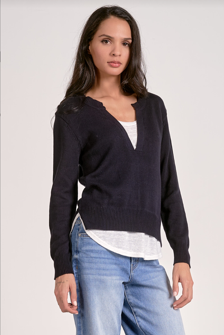 Elan Twofer V-Neck Layered Knit Sweater