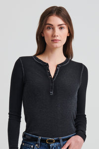 Patrick Assaraf Modal Henley Vintage Rib Tee in Black