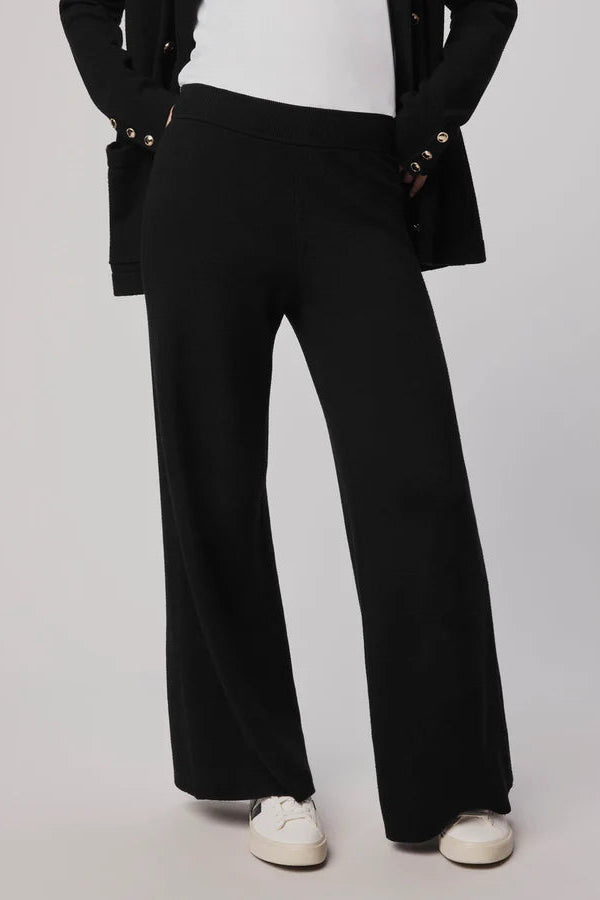 Person wearing black wide-leg pants on a plain background