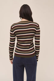 Person wearing a striped sweater with a neutral background