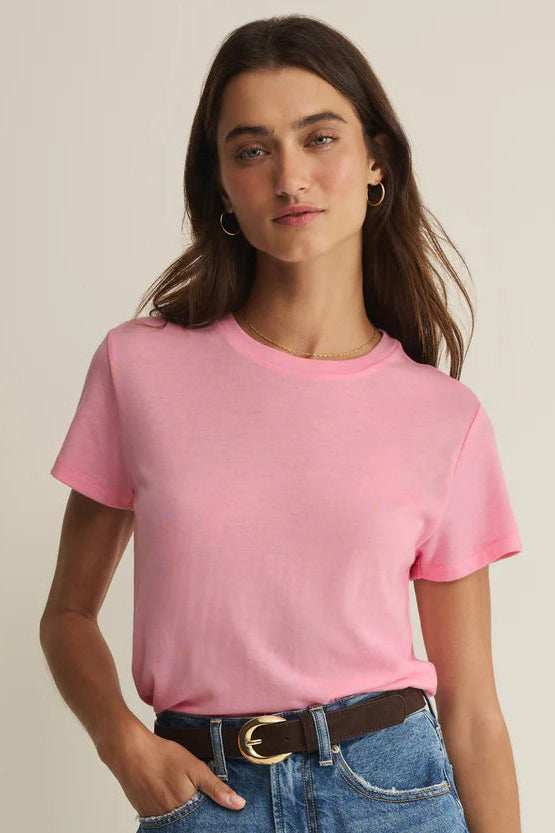 Pink short sleeve crew neck tee with knit jersey material