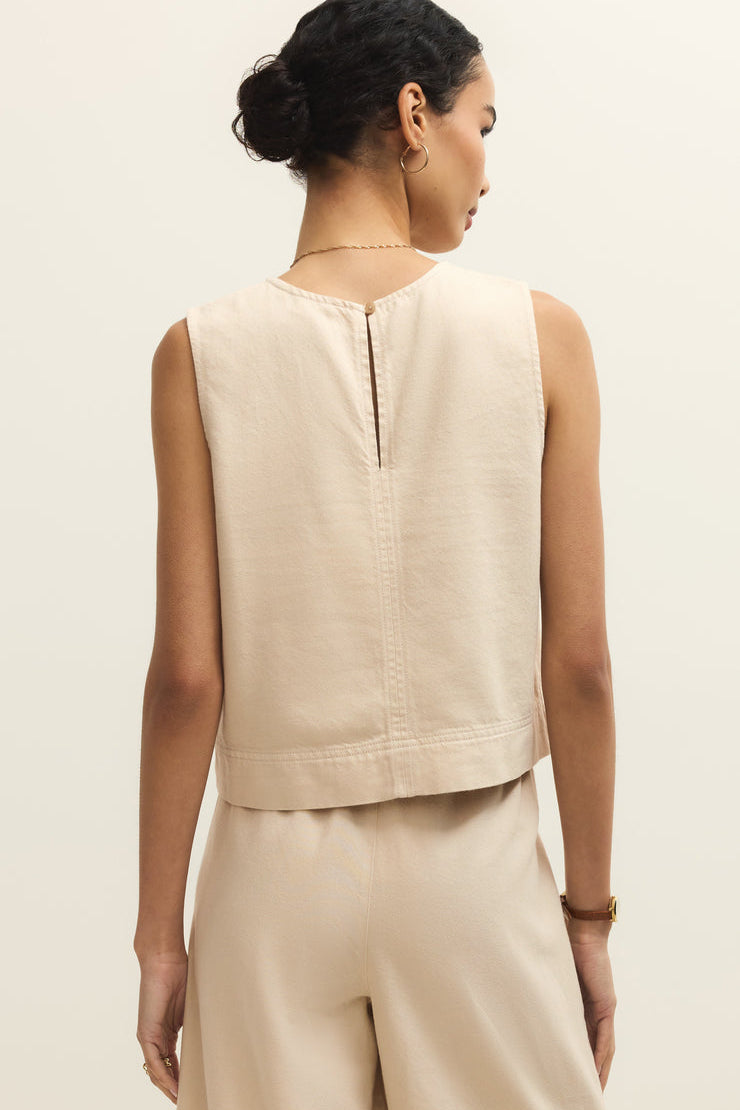 back view of light beige twill tanktop