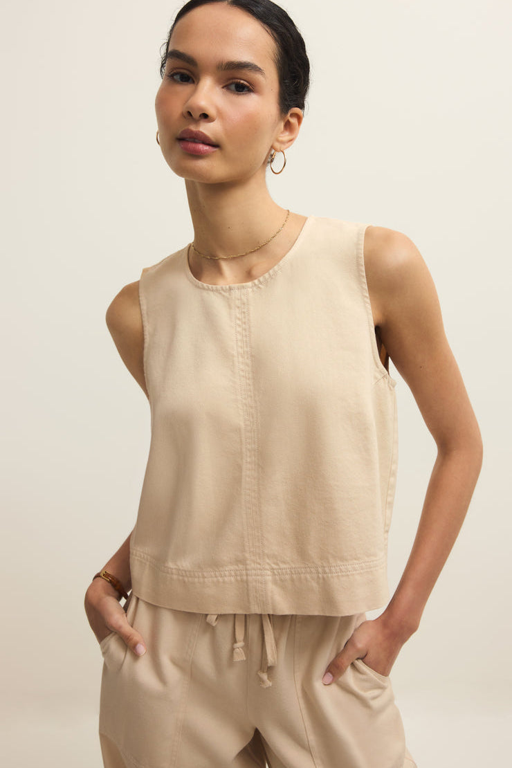front view of light beige twill tank top