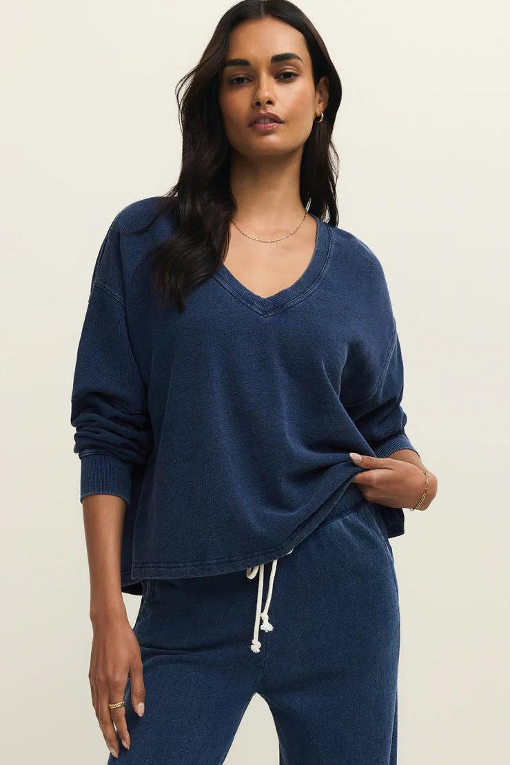 front view of indigo v neck sweatshirt
