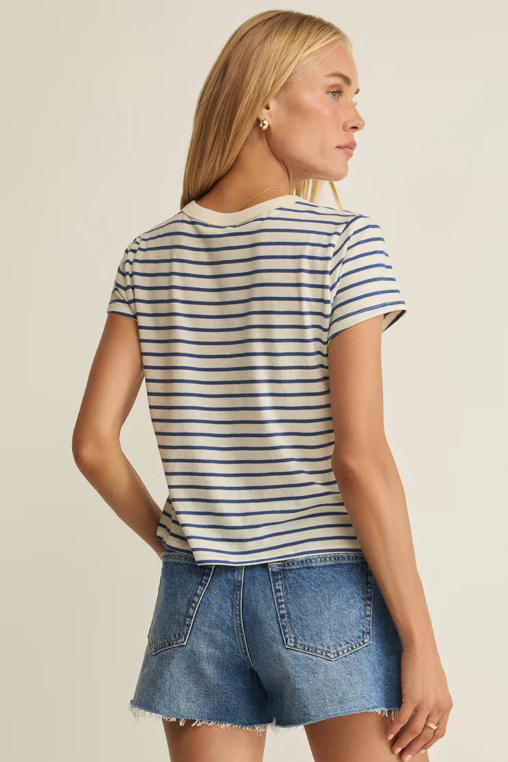 Blue and white striped cotton tee with crew neck 