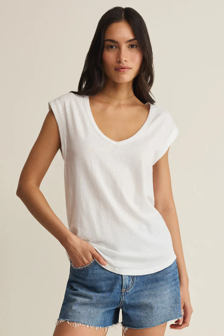 White sleeveless v-neck t-shirt